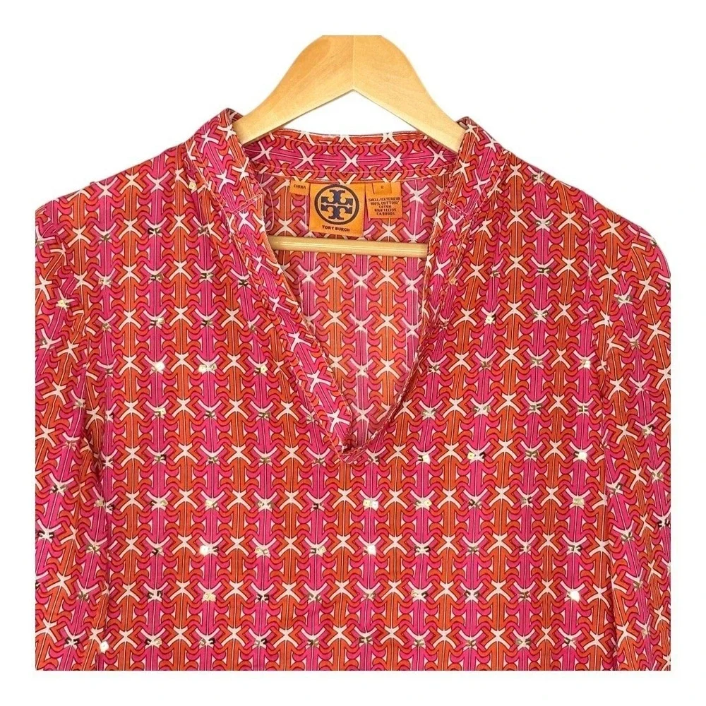 Tory Burch Stephanie Tunic Blouse Womens 2 Pink Orange Sequin Geometric‎ Cotton